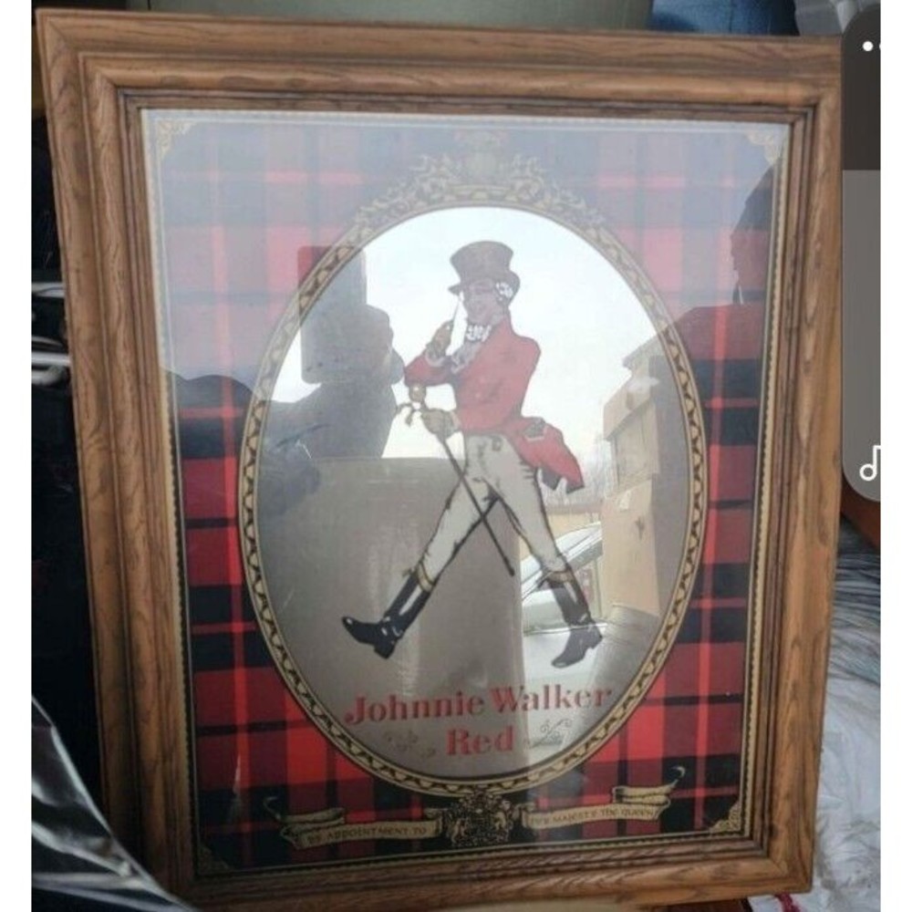 Vintage Johnnie Walker Scotch Whiskey Bar Sign/Mirror Wood Frame Mirrored Sign